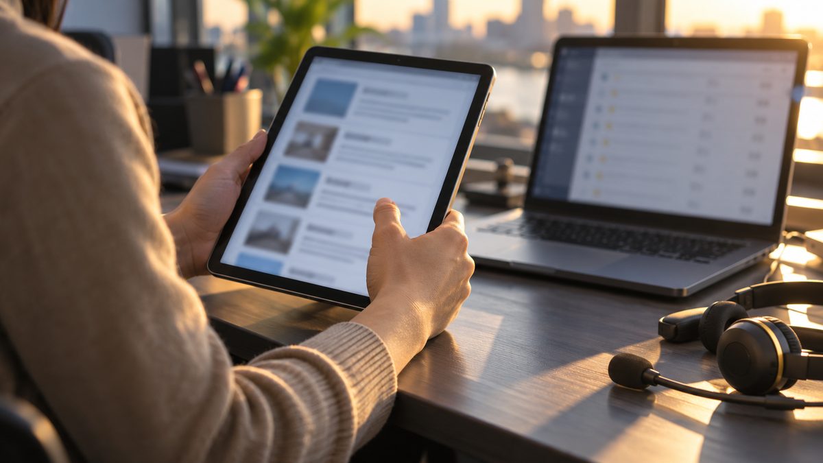 窓口の席でタブレットのFAQページを持ち上げる手とノートPCとヘッドセット