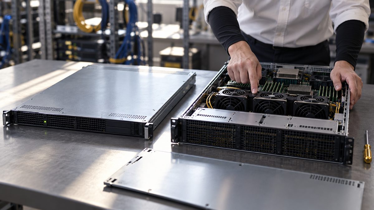 作業台に並べた薄型サーバーと天板を開けたサーバーを比べる手