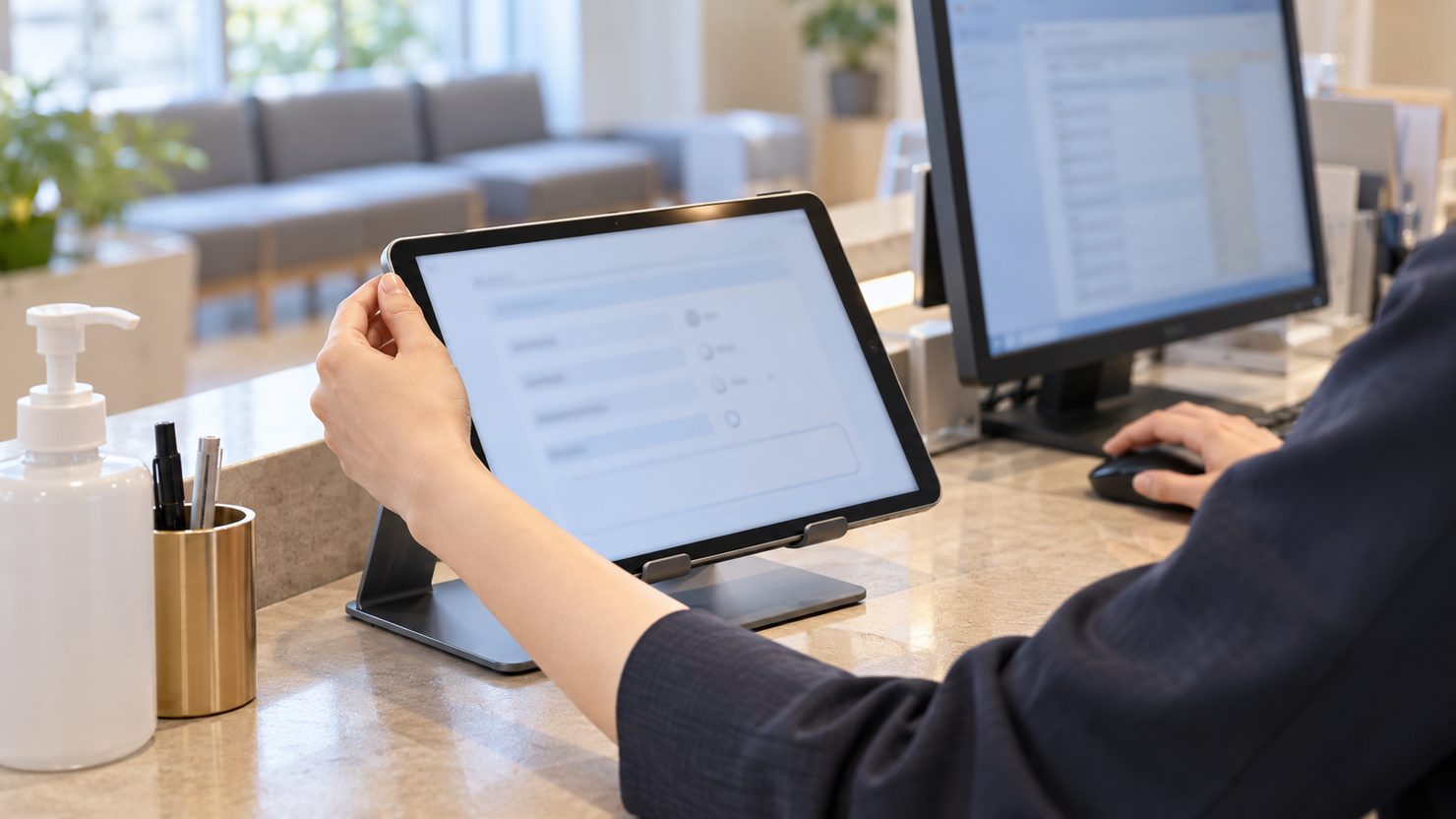 クリニックの受付でスタンドに立てた問診用タブレットの向きを直す手