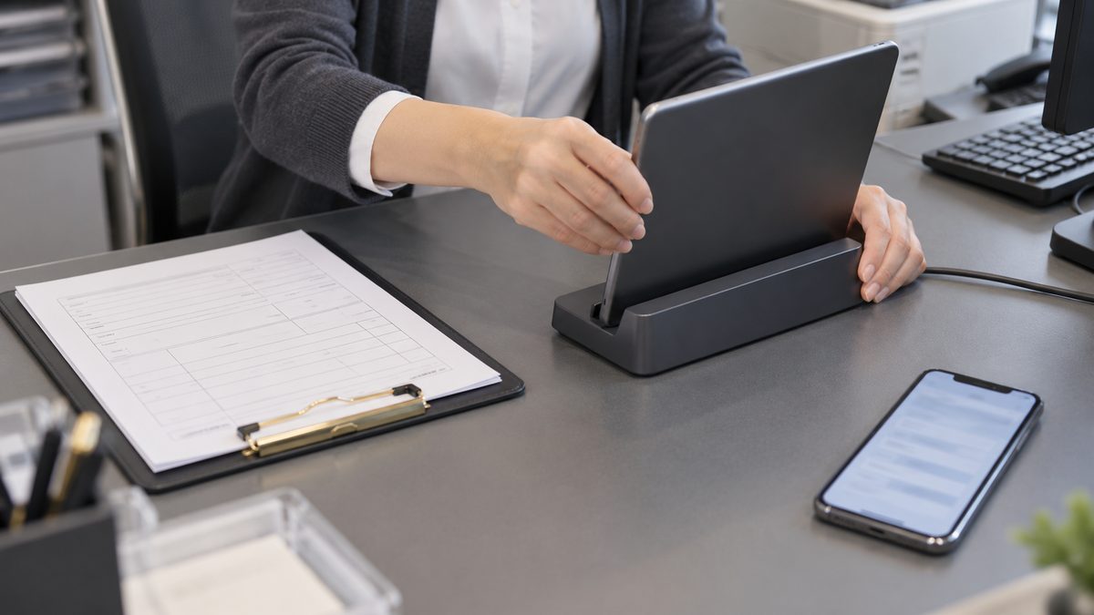 受付の机の紙の問診票と充電スタンドのタブレットとスマートフォン