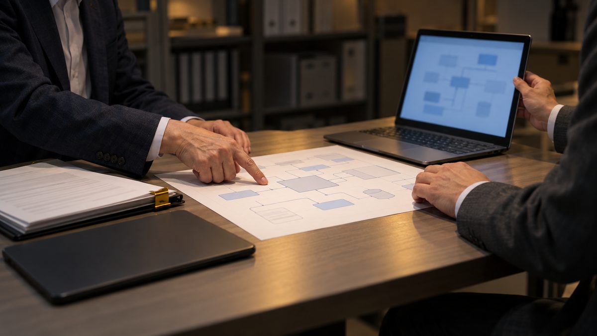 診療後の事務室で構成図とノートPCを前に打ち合わせる2人の手元