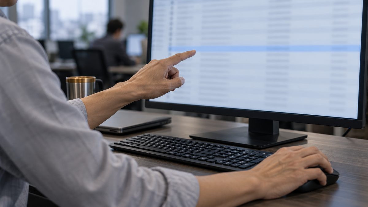 自席のモニターに並ぶ通信記録の1行を指先で示す担当者