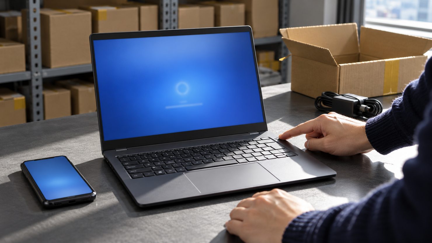 機器保管室で新品のノートPCの電源を押して初期設定を始める手と業務用スマホ