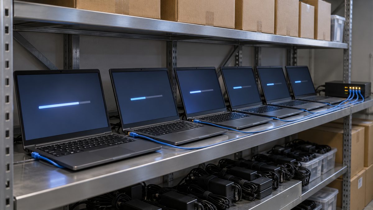 スチール棚に並ぶ初期設定中のノートPCとLANケーブル