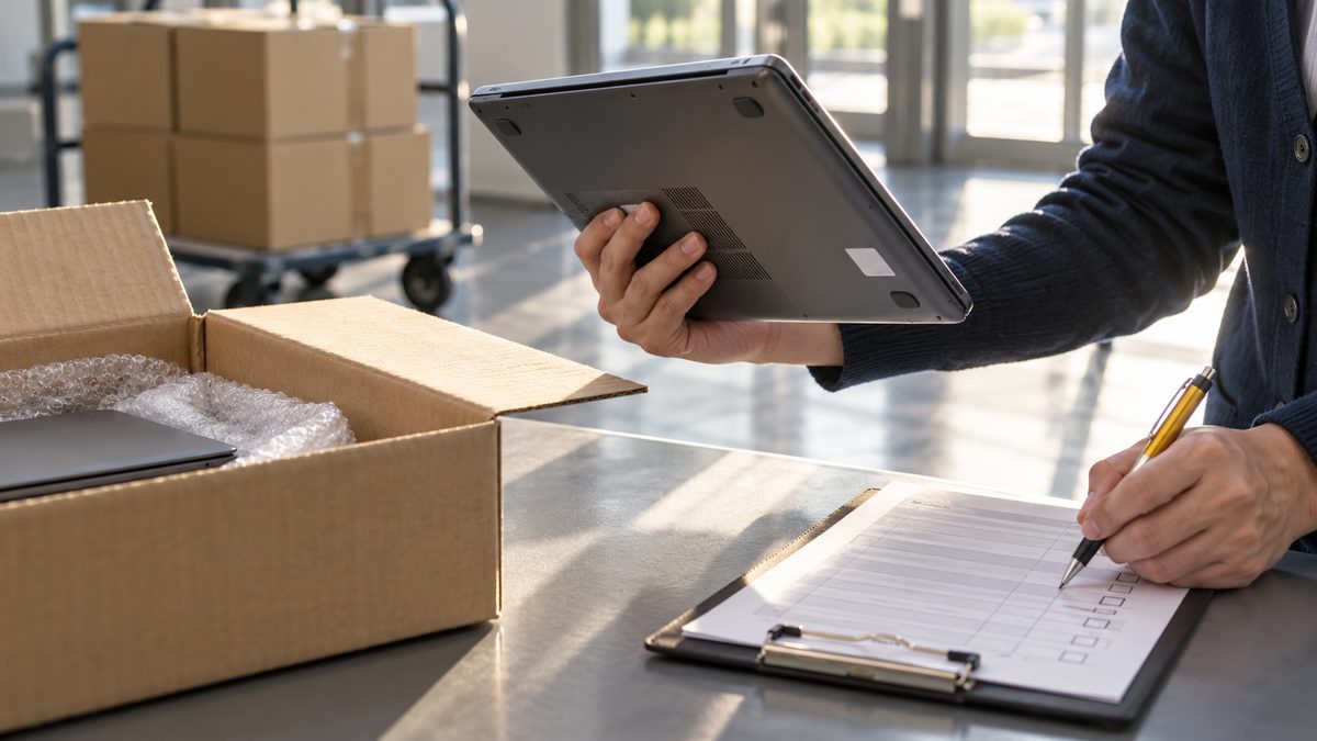 荷受け室で届いたノートPCの底面を見ながら確認表に印をつける手