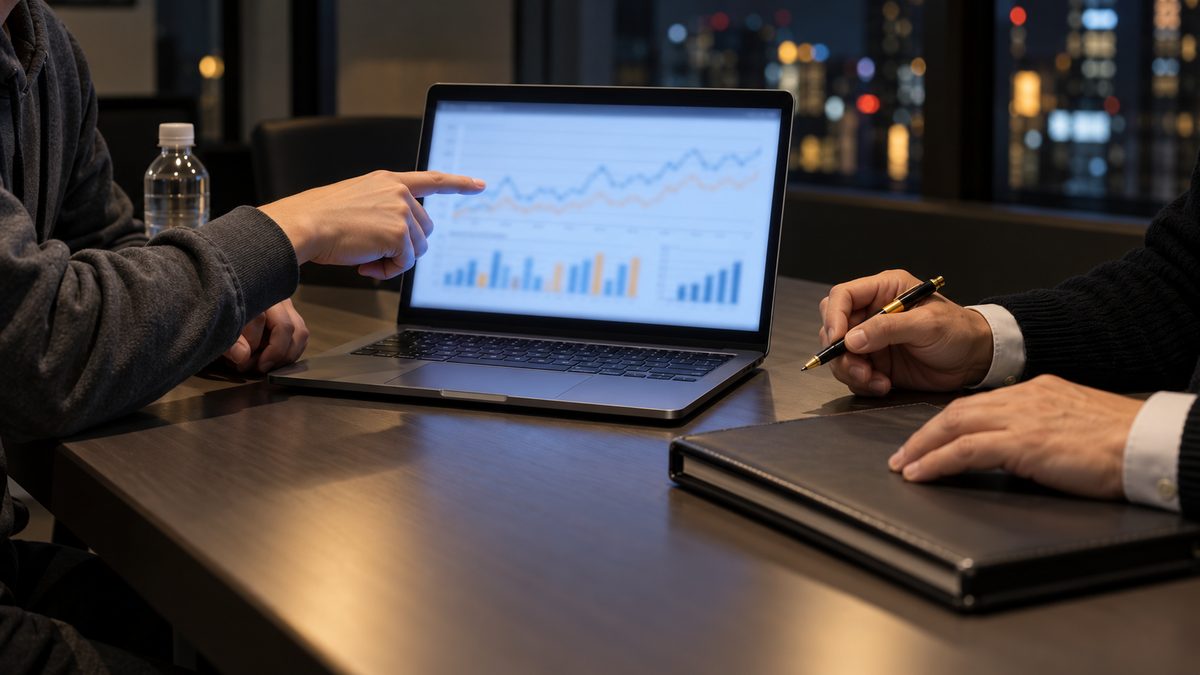 夜の会議室で監視画面のノートPCを挟んで向き合う2人の手