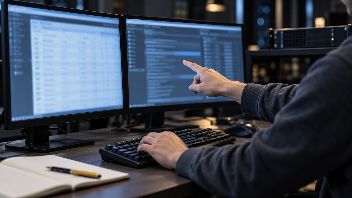 夜のオフィスで技術者がモニター2台の一点を指しながらキーボードで保守作業をする手元