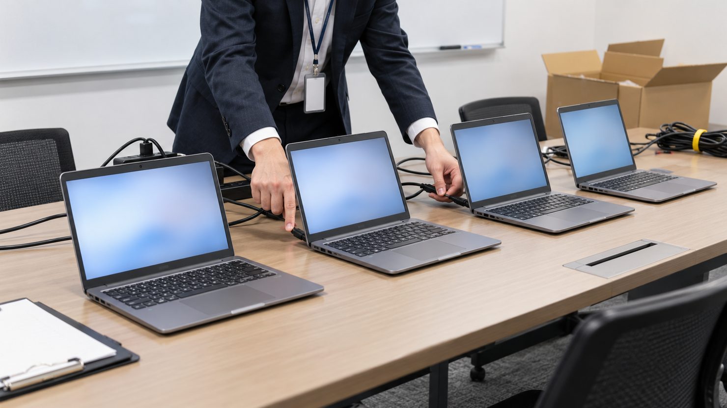会議室の長机に並べた4台のノートPCに担当者が電源ケーブルをつなぎ初期設定する手元
