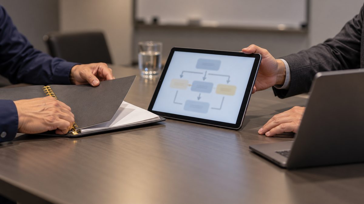 会議室で代行会社の技術者がタブレットの連絡の流れ図を示し担当者が資料を開く