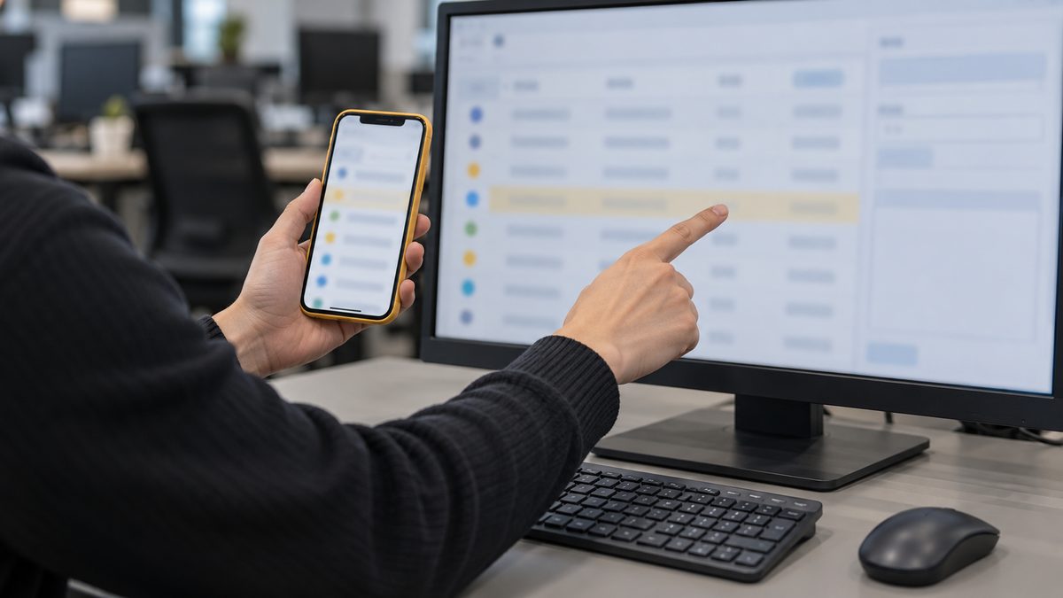 担当者がモニターとスマートフォンで同じ一覧を見比べて動作を確かめる手元