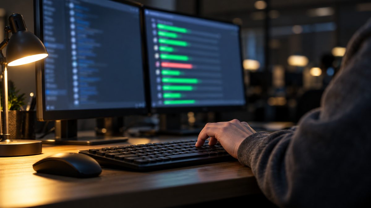 夜の開発席で2台のモニターにテスト結果の帯が並びキーボードを押す手元
