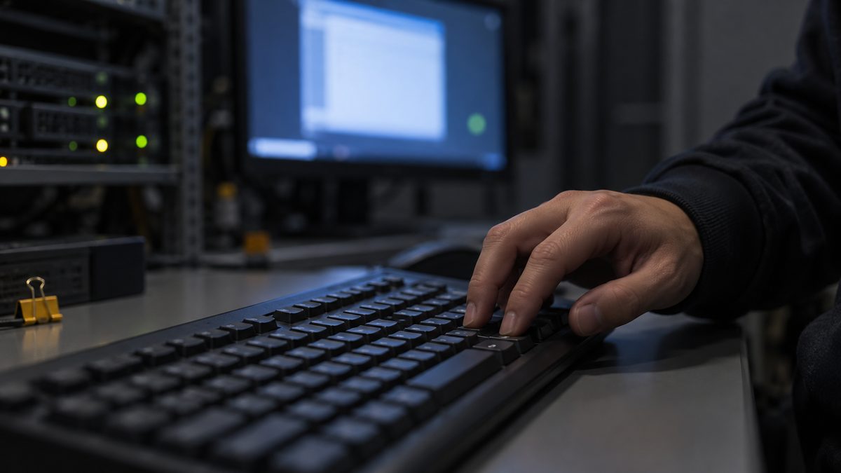 機器室の作業机でキーボードのEnterキーを押す手元と奥のサーバーのランプ
