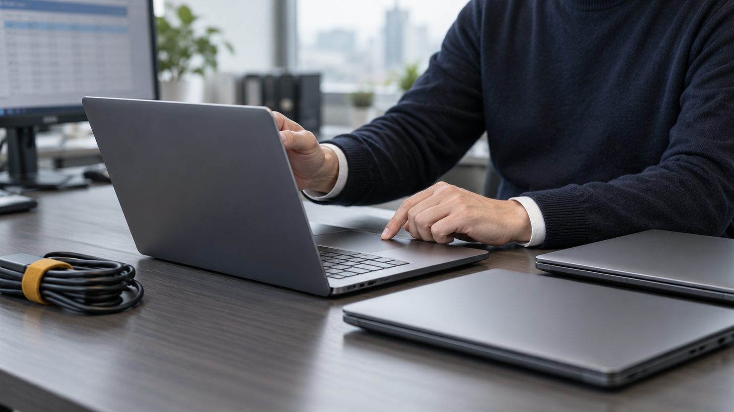 情シスの机で入社する人用のノートPCの初期設定を進める手元と閉じた2台