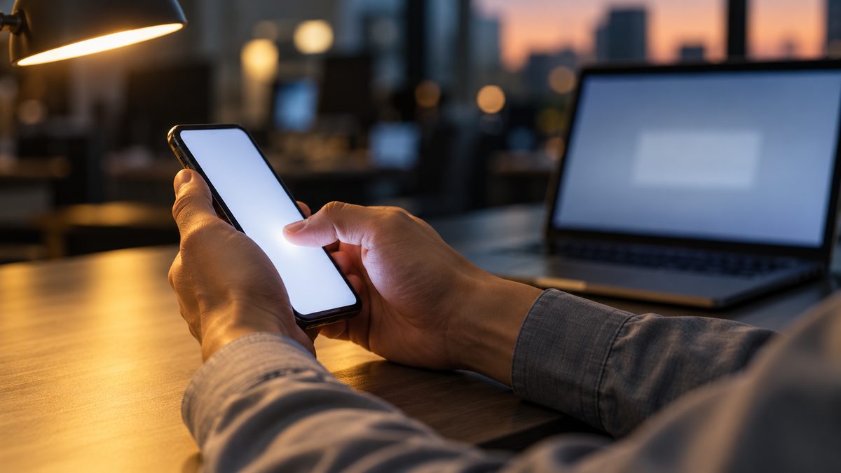 夕方の机でスマートフォンを両手で持ち多要素認証を承認する手元