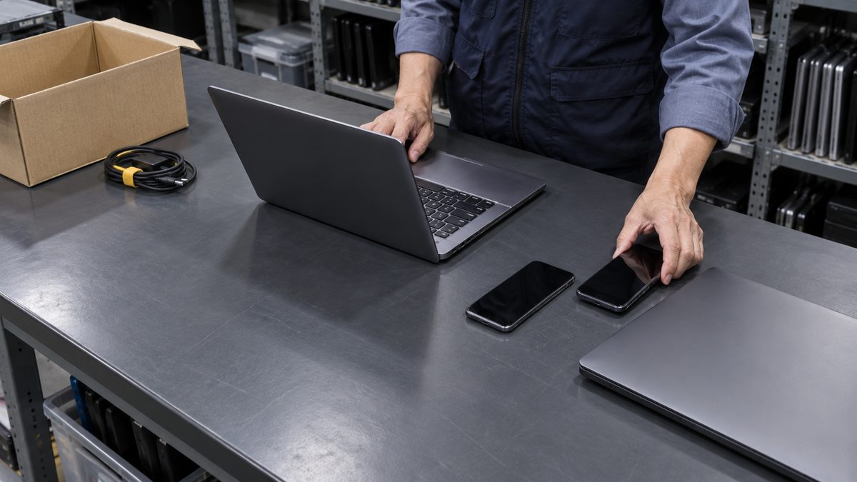 作業台で返却されたノートPCとスマートフォンを処理する担当者の手元