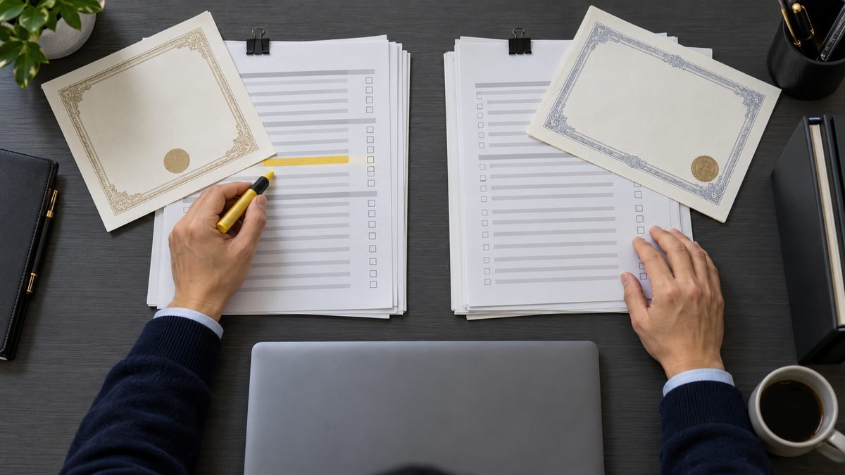 2社分の回答書類と証書の写しを真上から見比べ蛍光ペンでなぞる手元