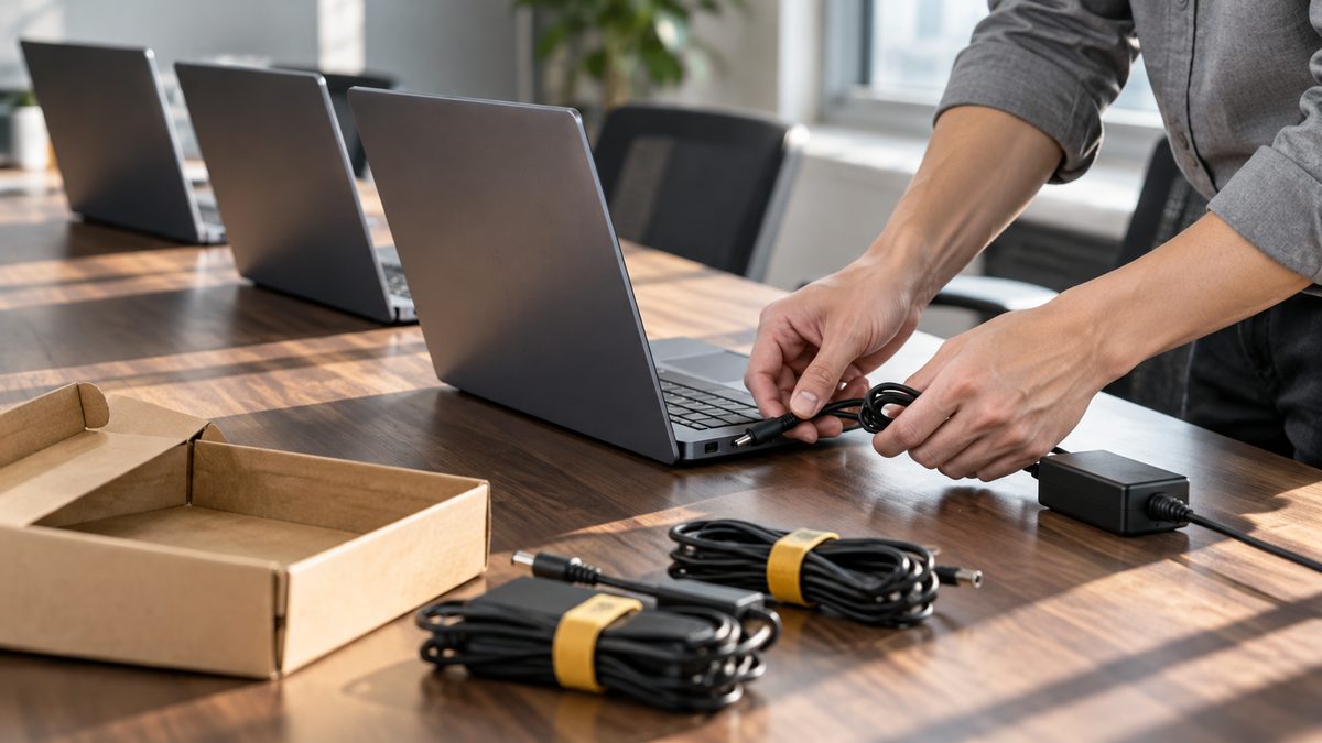 会議室の長机で開いたノートPCにACアダプターを差すキッティングの手元