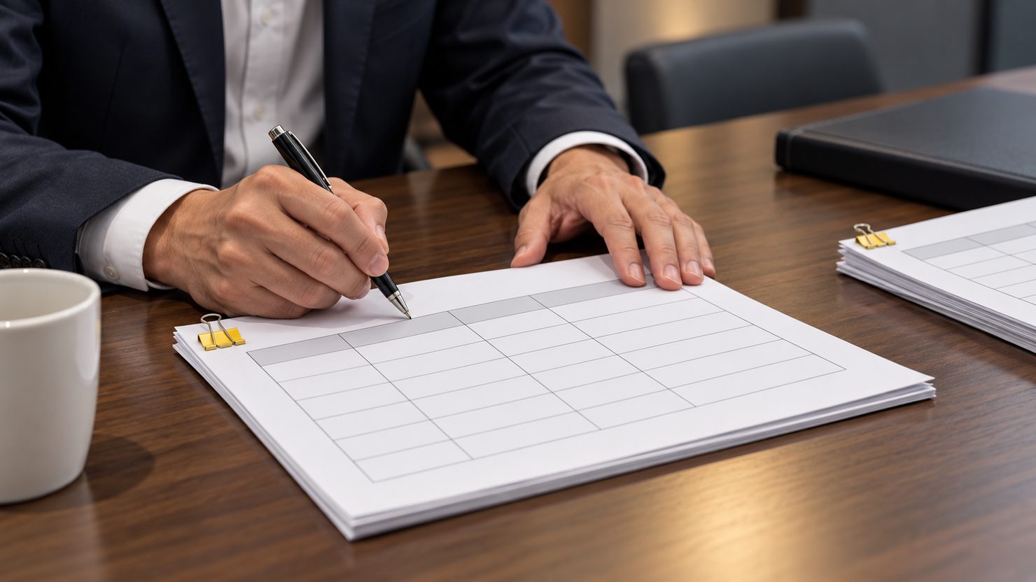 会議室で罫線の表の書類にペンで書き込もうとする手元