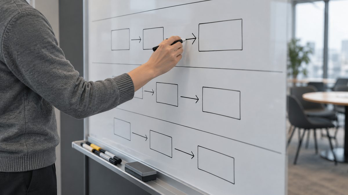 ホワイトボードに枠と矢印だけの業務フロー図を描く手元