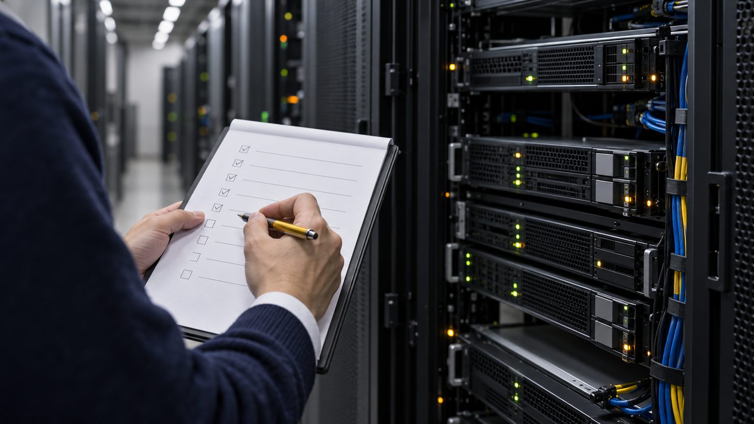 サーバーラックの前で移行前の確認表の四角に印を付ける手元