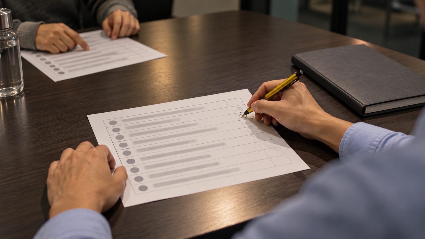 社内勉強会で順位表の資料の1行目にペンで印を書き込む手元