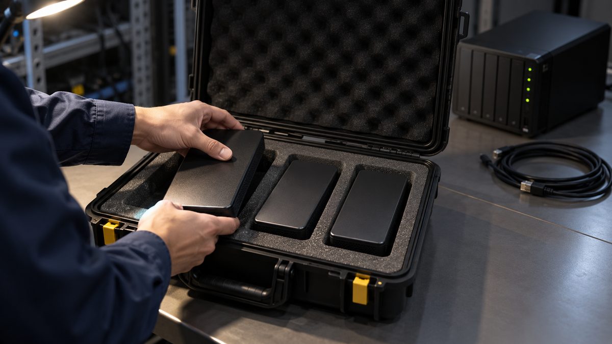 外付けのディスクを機器から外して保管ケースに収める手元