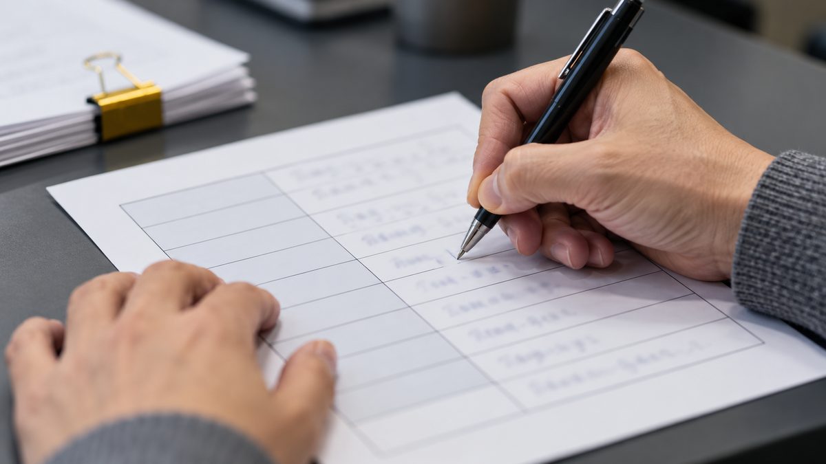 稟議書の表の欄にペンで書き込む手元