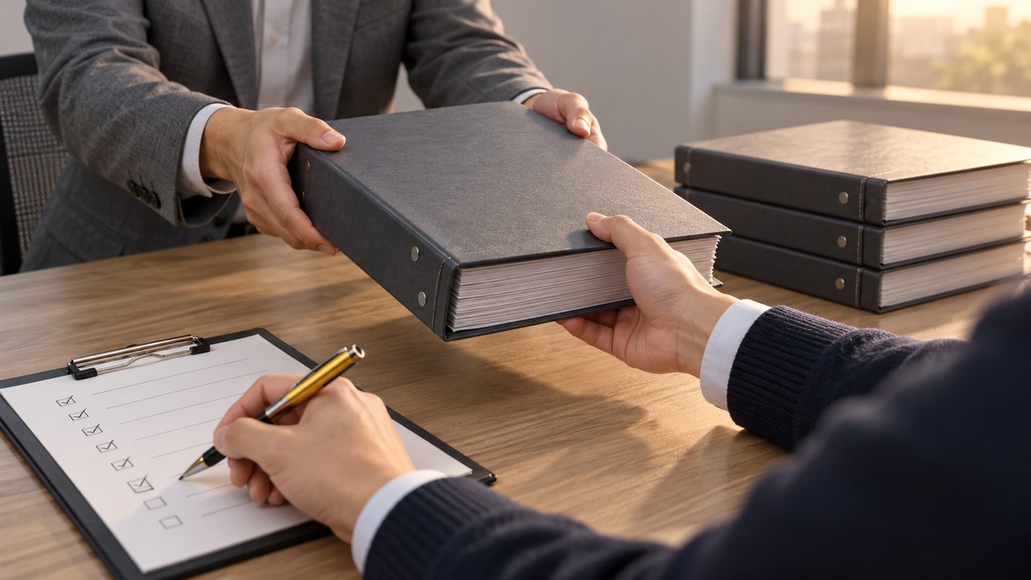 前の会社の担当者から厚いファイルを受け取り確認表に印を付ける