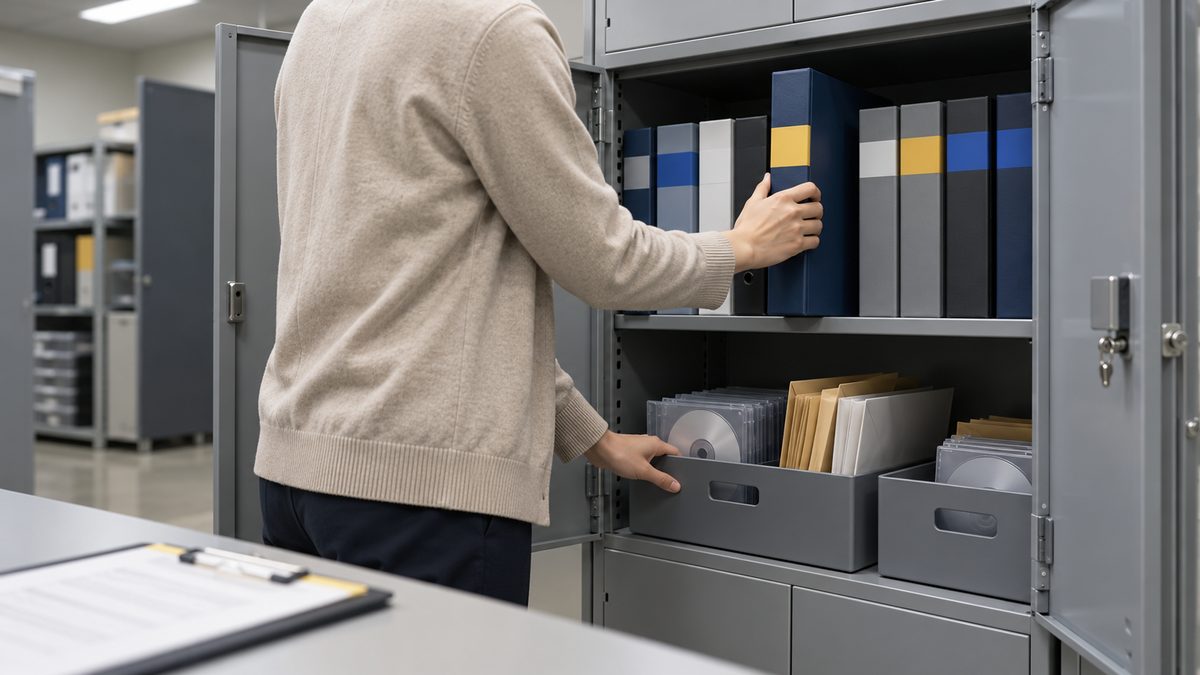 鍵付きの書棚に区分したファイルと媒体の箱を収める