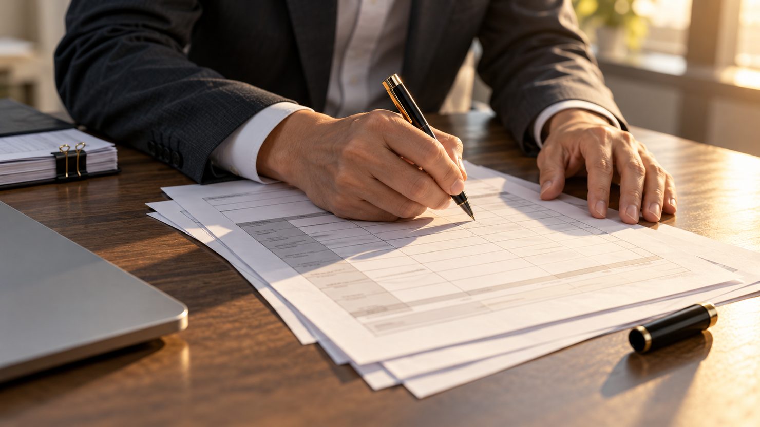 提案依頼書の下書きの表の空欄にペンで書き足す手元