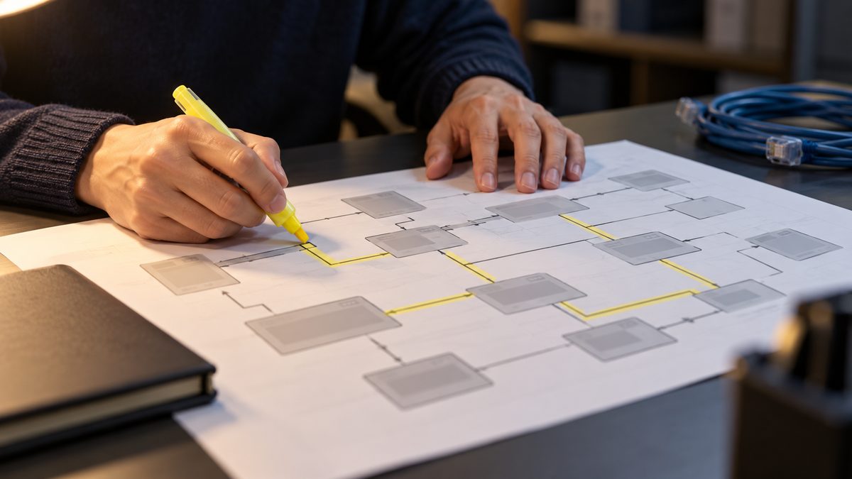 構成図の線を蛍光ペンでなぞって範囲を確かめる手元