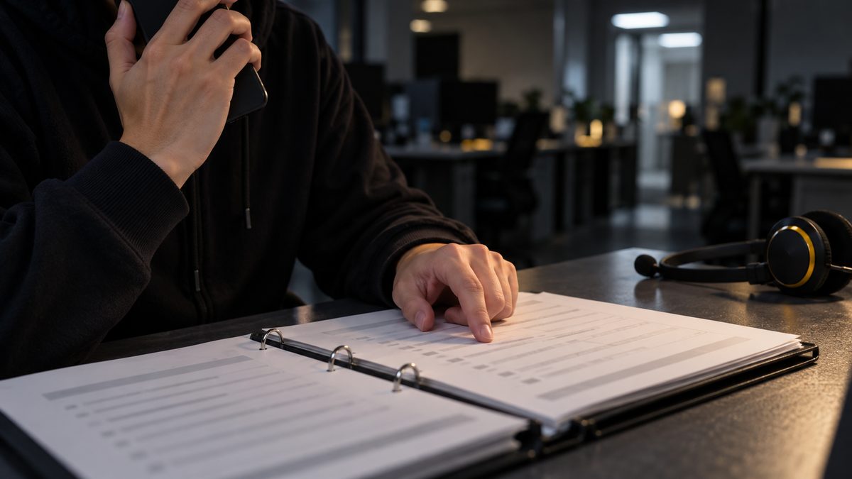 夜の当番者が電話を取りながら手順書の行を指でなぞる手元