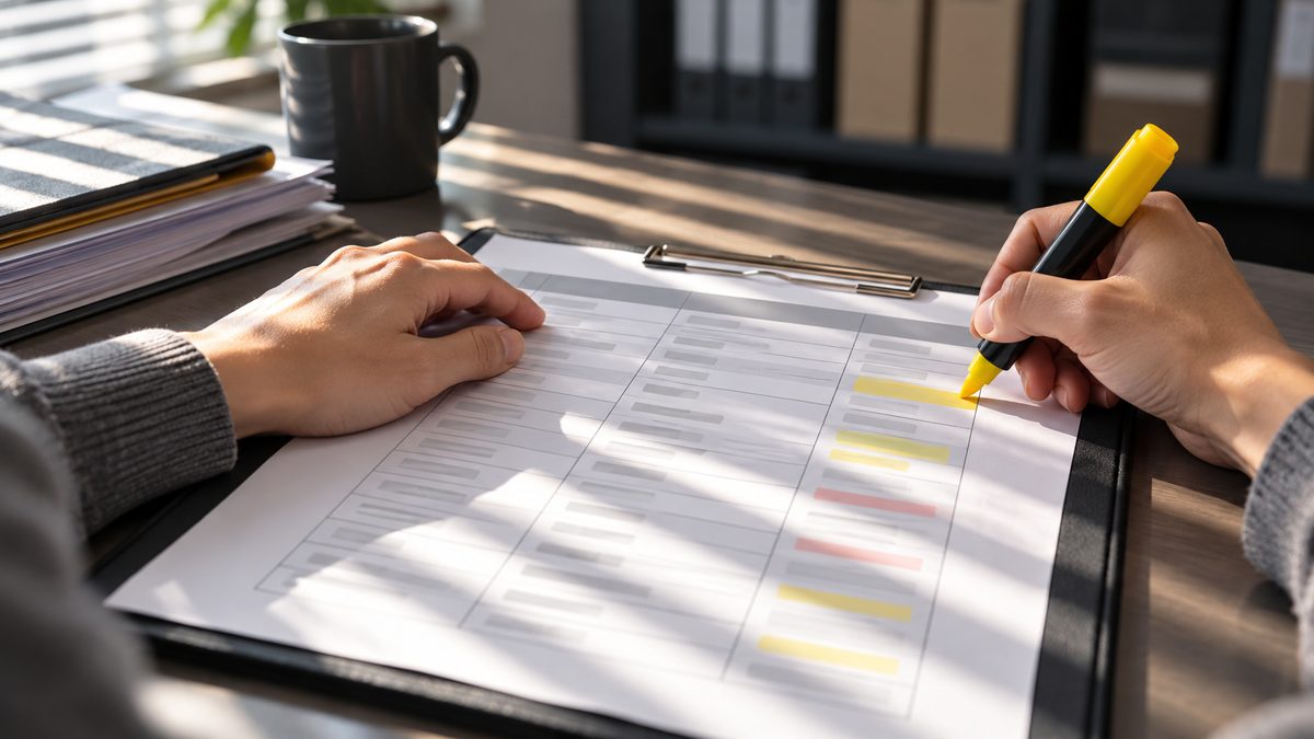 権限の一覧表に蛍光ペンで印を付ける手元