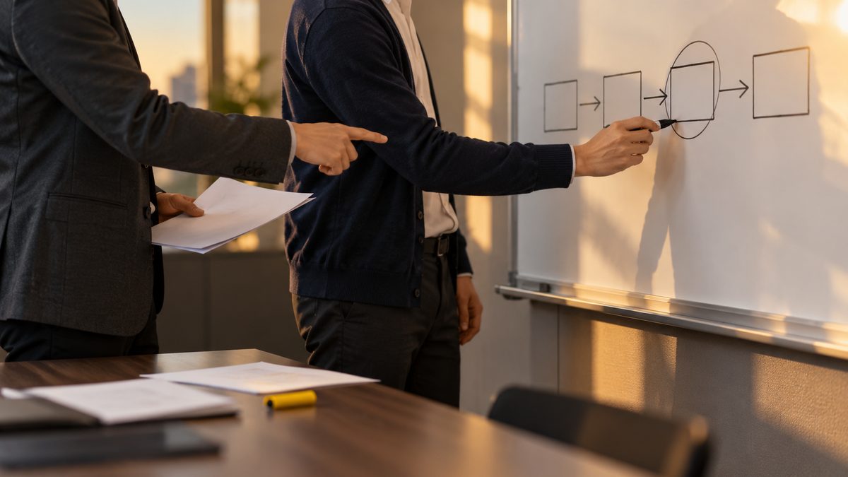 ホワイトボードの4つの四角と矢印を前に2人が印を付けて指す