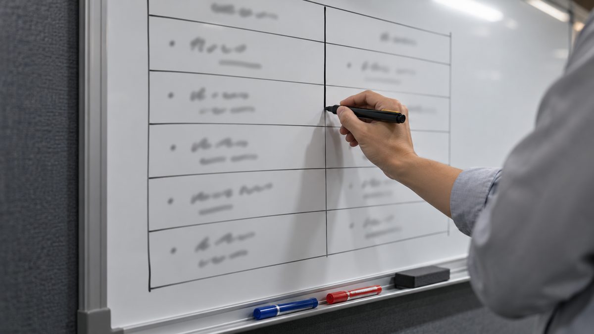 ホワイトボードの手書きの表に列の区切り線を引く手元