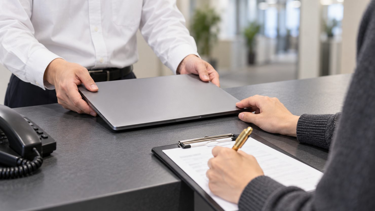 窓口で社員が閉じたノートPCを差し出し担当者が受付の記録に書き込む