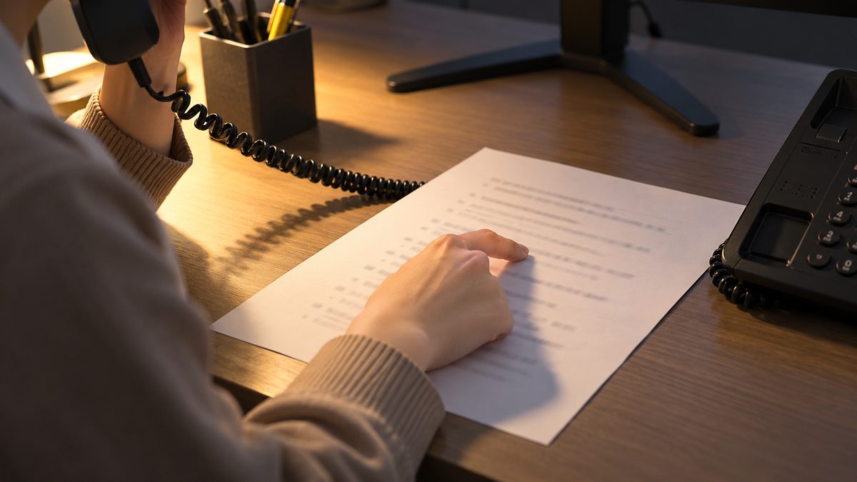 電話で質問を受けながら本人確認の手順の用紙を指でなぞる