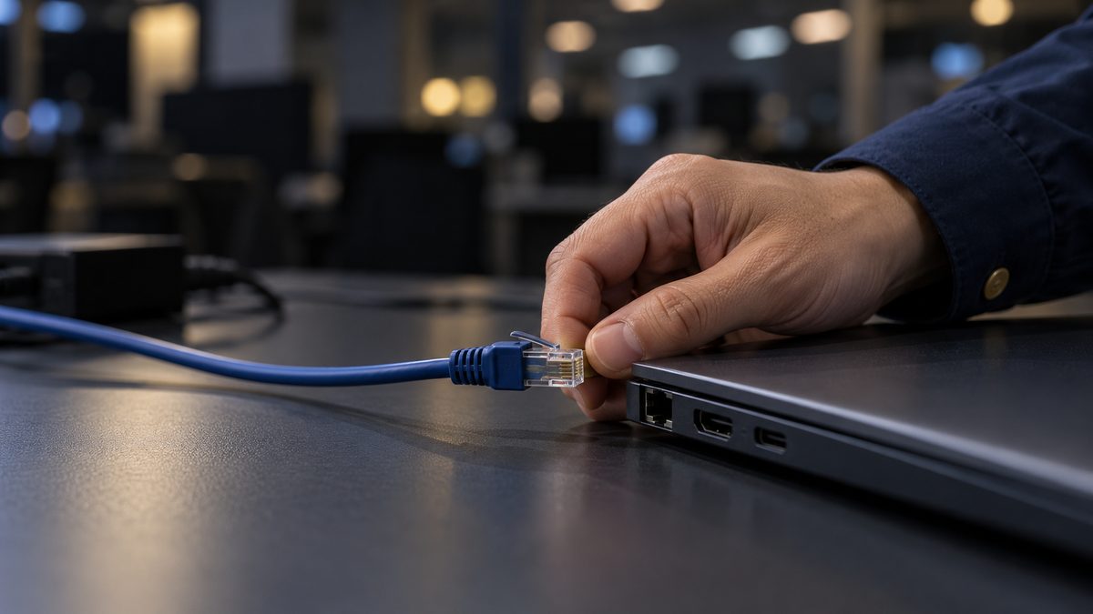 閉じたノートPCの側面からLANケーブルを抜く手元