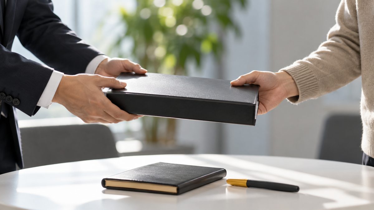 外部の担当者が差し出すバインダーを社内の担当者が受け取る