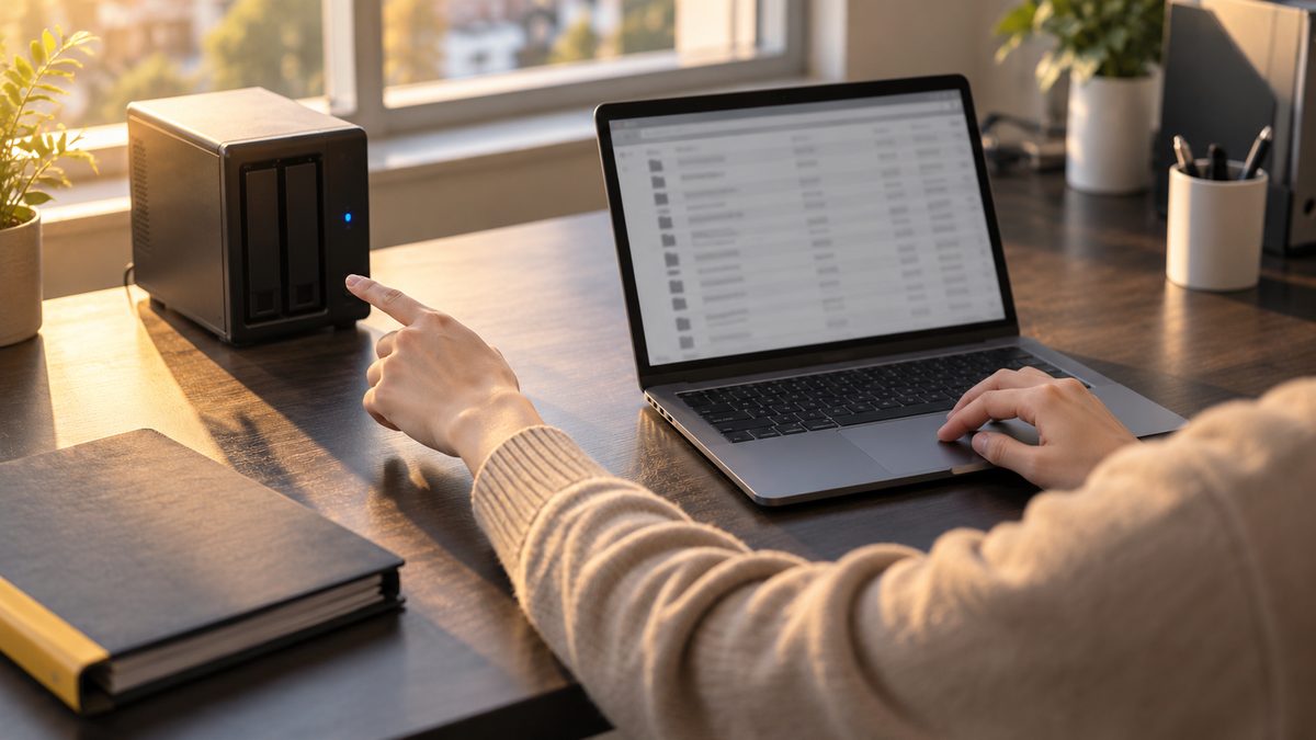 机の小型NASを指しながらノートPCのファイル一覧と見比べる担当者