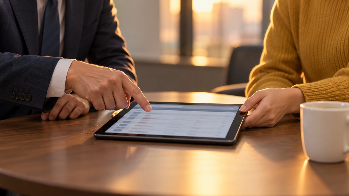 丸テーブルでタブレットの履歴一覧を2人で確かめる打ち合わせの手元