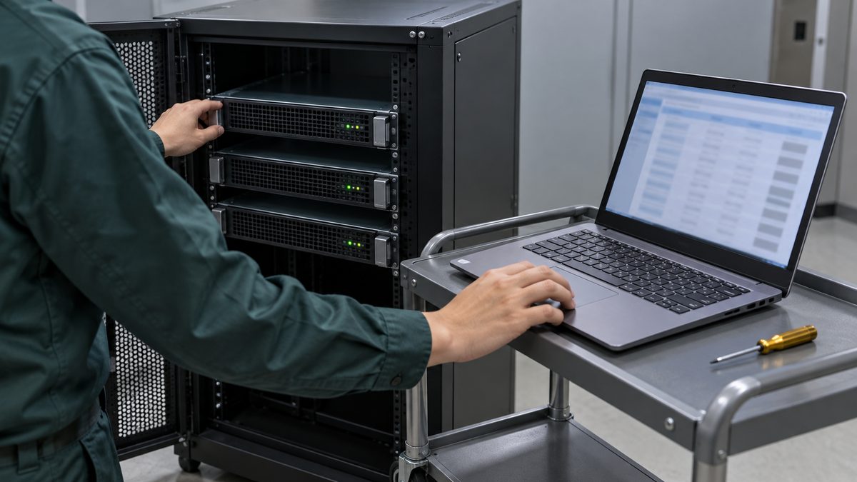 機器室で小型ラックのサーバーに手を添えながらノートPCを操作する技術者