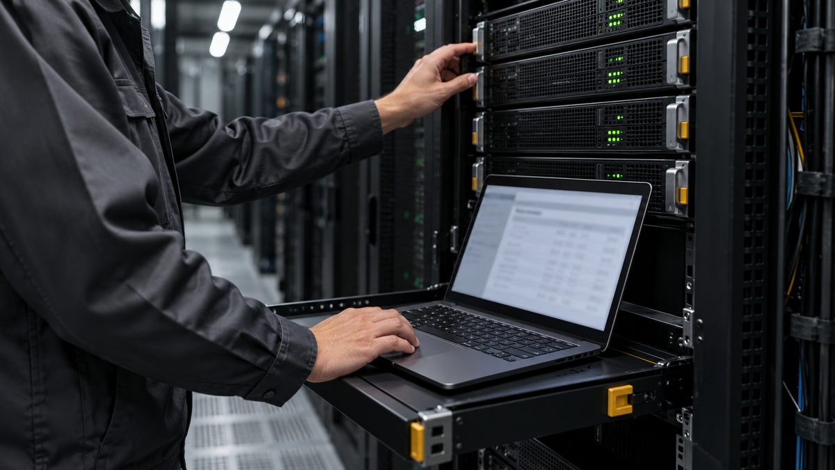 サーバー室でラックのサーバーに手を添えながら棚のノートPCを操作する手元