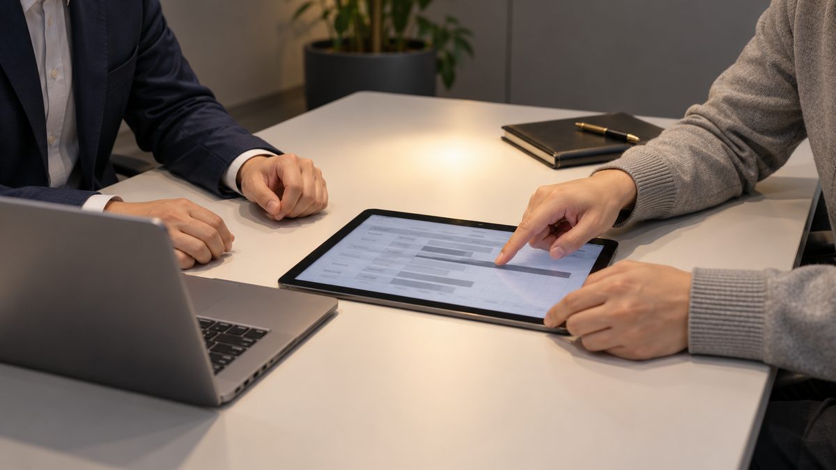 タブレットの見積もりの表を発注側と移行支援の担当者で確かめる場面