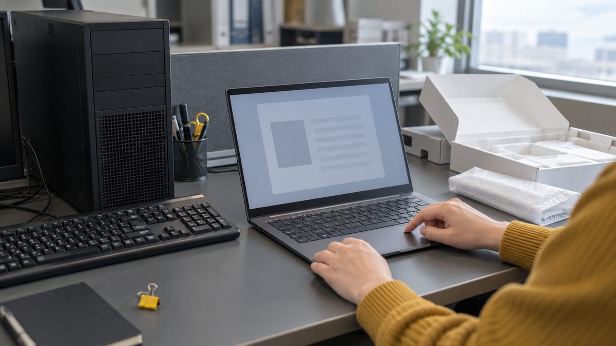古いタワー型PCの横で箱から出した新しいノートPCを操作する手元