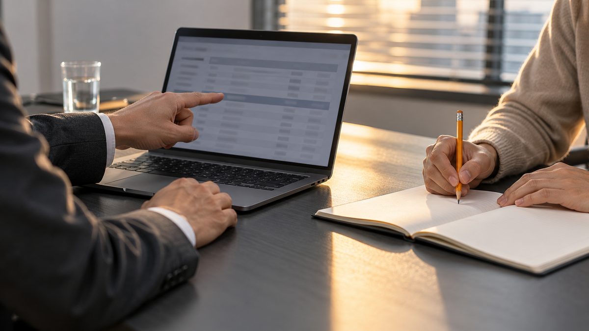ノートPCの表を指す社内担当と鉛筆で書き留める委託先の技術者