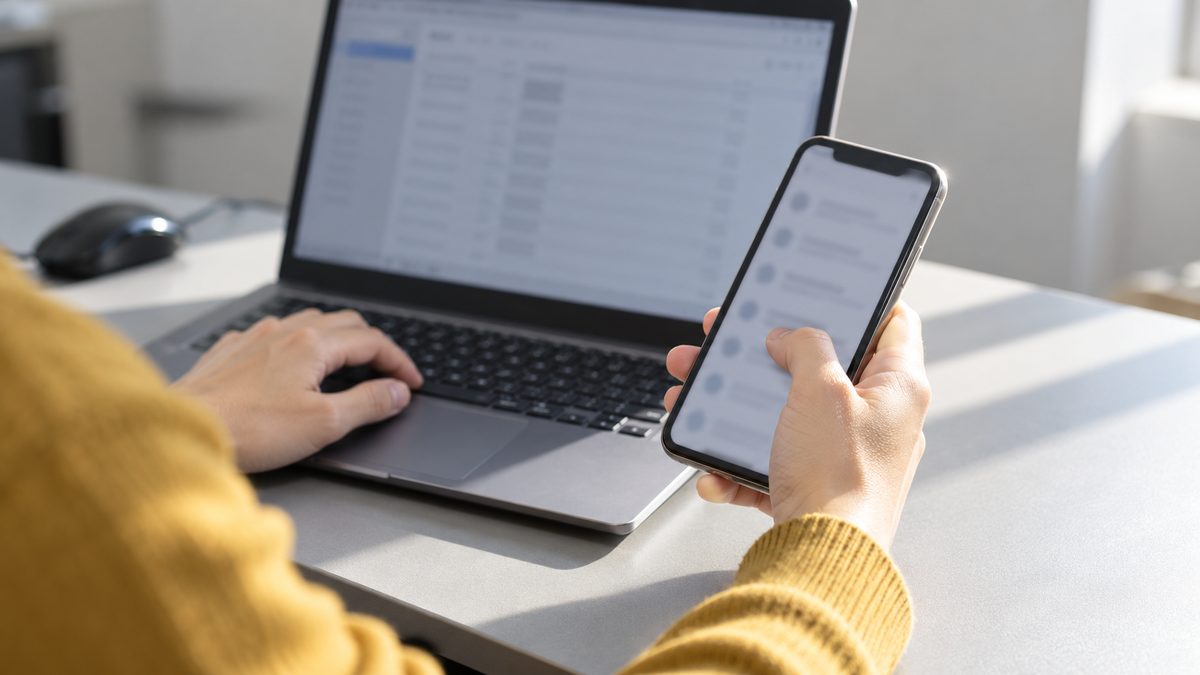 届いたメールをスマートフォンで確かめながらノートPCと見比べる手元