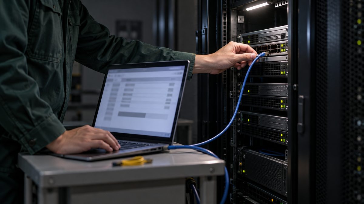 サーバーラックにLANケーブルをつなぎながらノートPCで移行作業をする手元