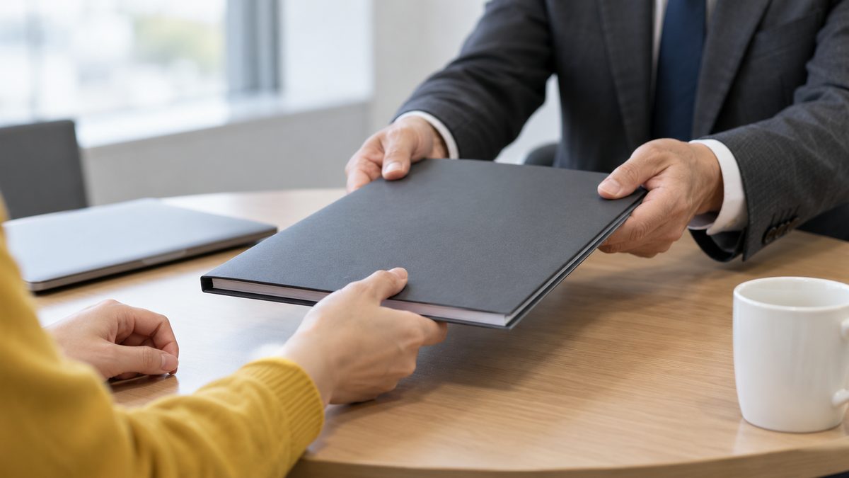 文字の無い監査報告書を監査人が担当者へ手渡す場面