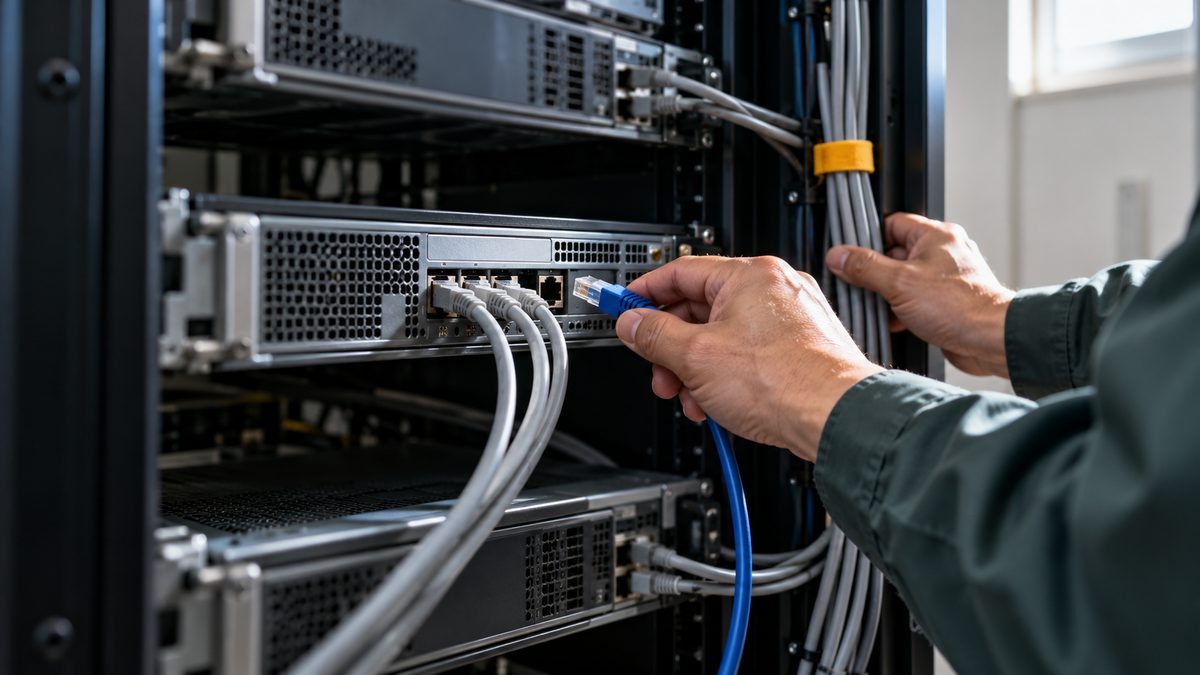 ラックのログ収集サーバーに青いLANケーブルを差し込む手元